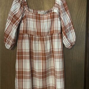 Monteau Brown and White Smocked Sundress with Puff Sleeves
